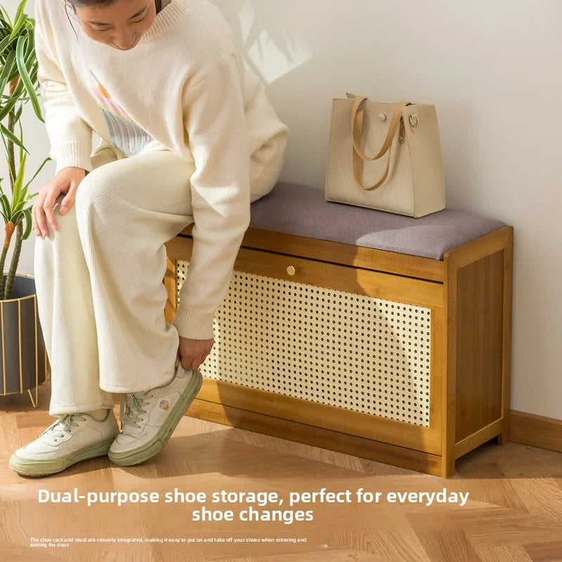 Simple bamboo and wood shoe cabinet, flip bucket storage cabinet, shoe changing bench, bench, rattan breathable shoe cabinet