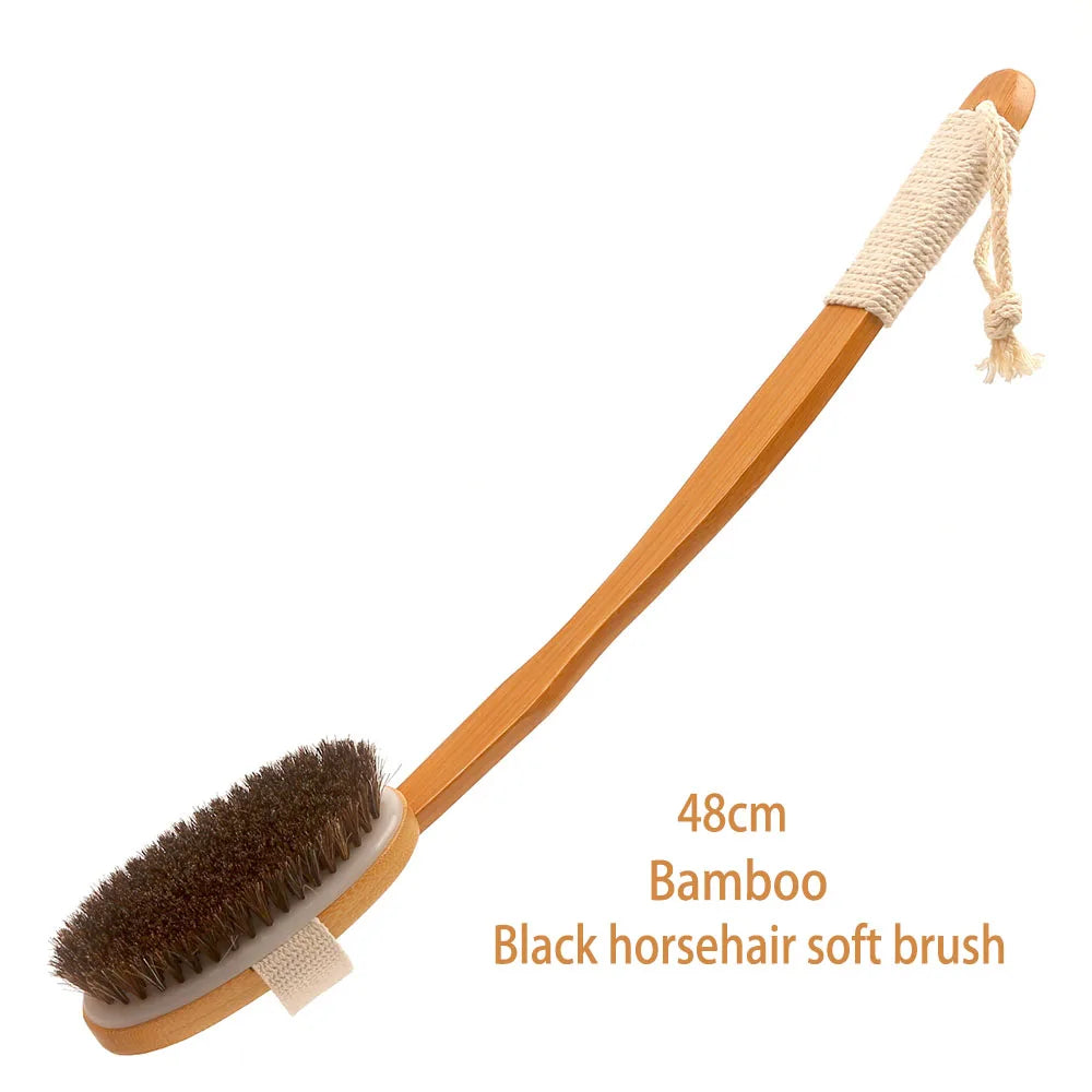 Bamboo Super Long 48cm Curved Handle Pig Mane Bath Brush, Foldable for Bathing, Cleaning, Massage, Rubbing, Back Brushing