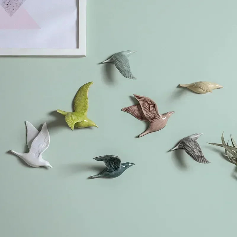Eco-friendly Ceramics Birds 3d Wall Sticker Living Room Animal Figurine Murals Wall Background Decorative Home Decor Birds Cute