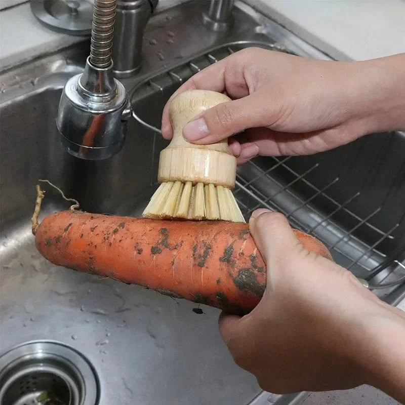 Bamboo Dishwashing Brush Natural Sisal Wooden Handle High Density Bristles for Cast Iron Pans Pots Dishes Fruits Vegetables Clea