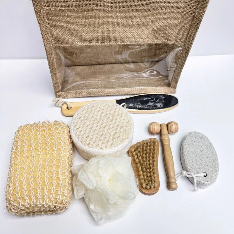 Hemp & Wooden Set 7-Piece with Exfoliating Balls Scrubbing Towels & Bath Brush - Eco-Friendly Spa Gift Set in Natural Fiber Bag