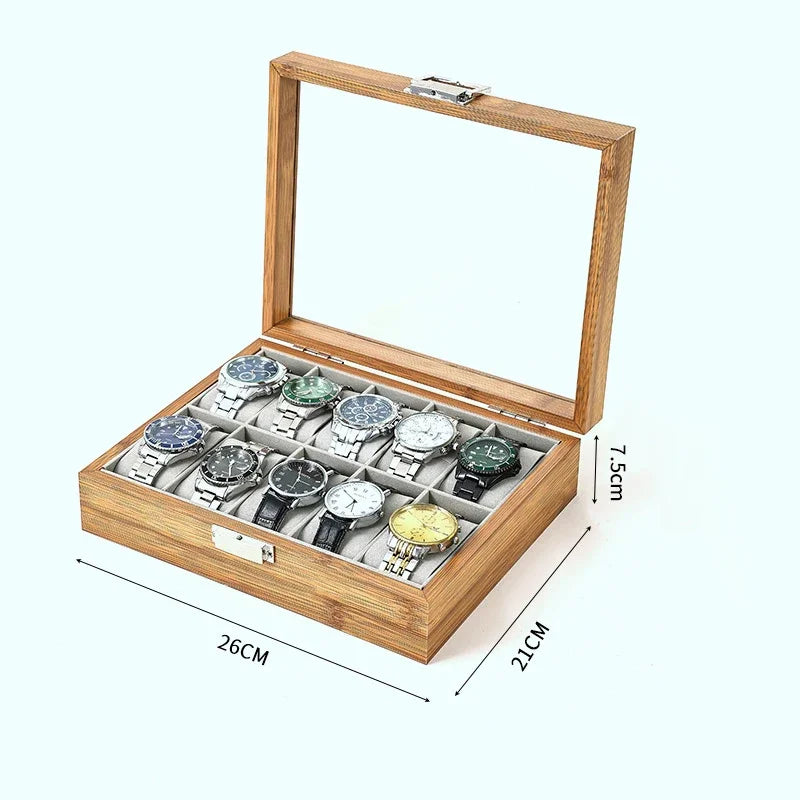 Bamboo Watch Storage Box Organizer - Handmade Festive Gift Display Case for 3/6/10/12 Watches Clock Grids