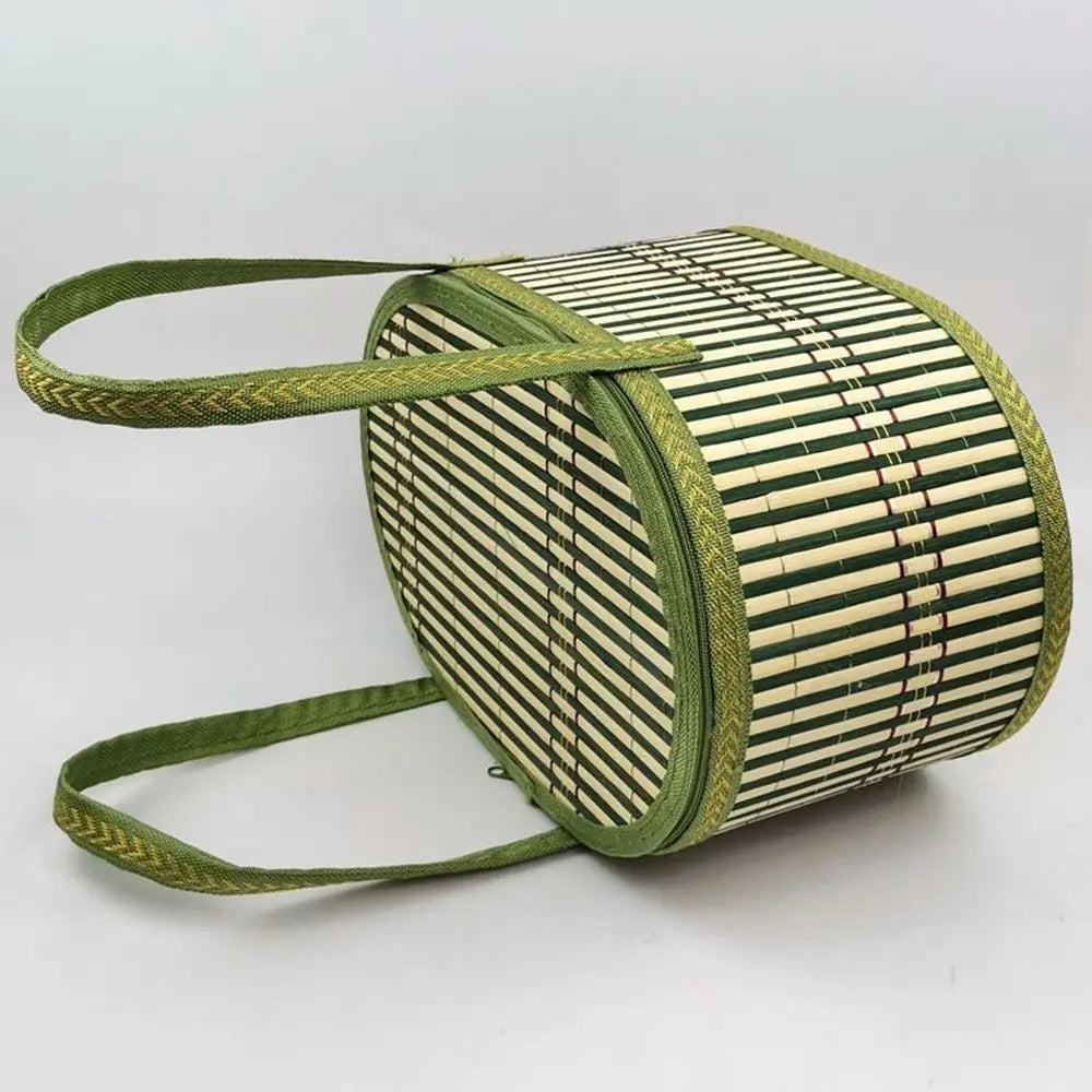 Handheld Elliptical Bamboo Basket Eco-friendly with Lid Bamboo Braided Basket Pastoral Style Sundries Snacks Basket Camping