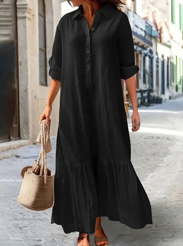 2025 New Cotton Hemp Women's Long Dresses Shirt Collar Twisted Buckle Casual Robe Femmes