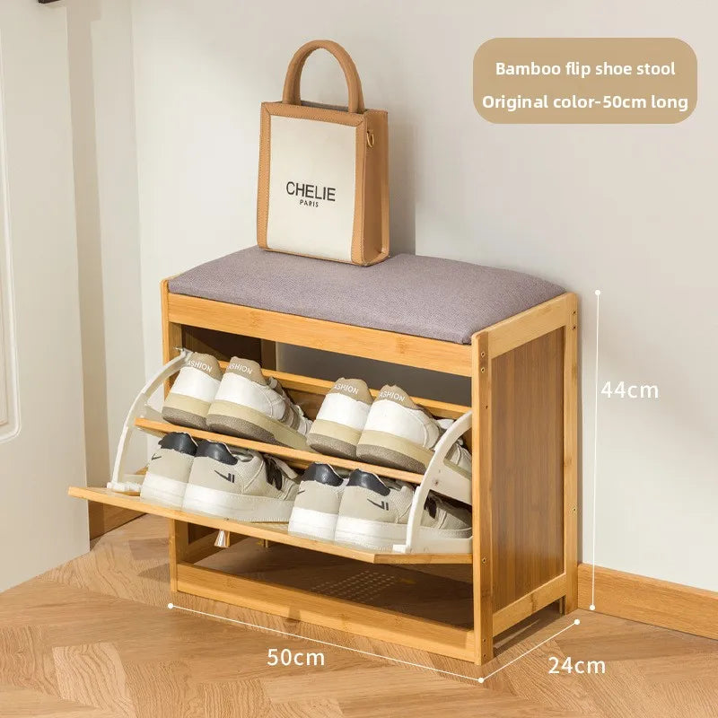 Simple bamboo and wood shoe cabinet, flip bucket storage cabinet, shoe changing bench, bench, rattan breathable shoe cabinet