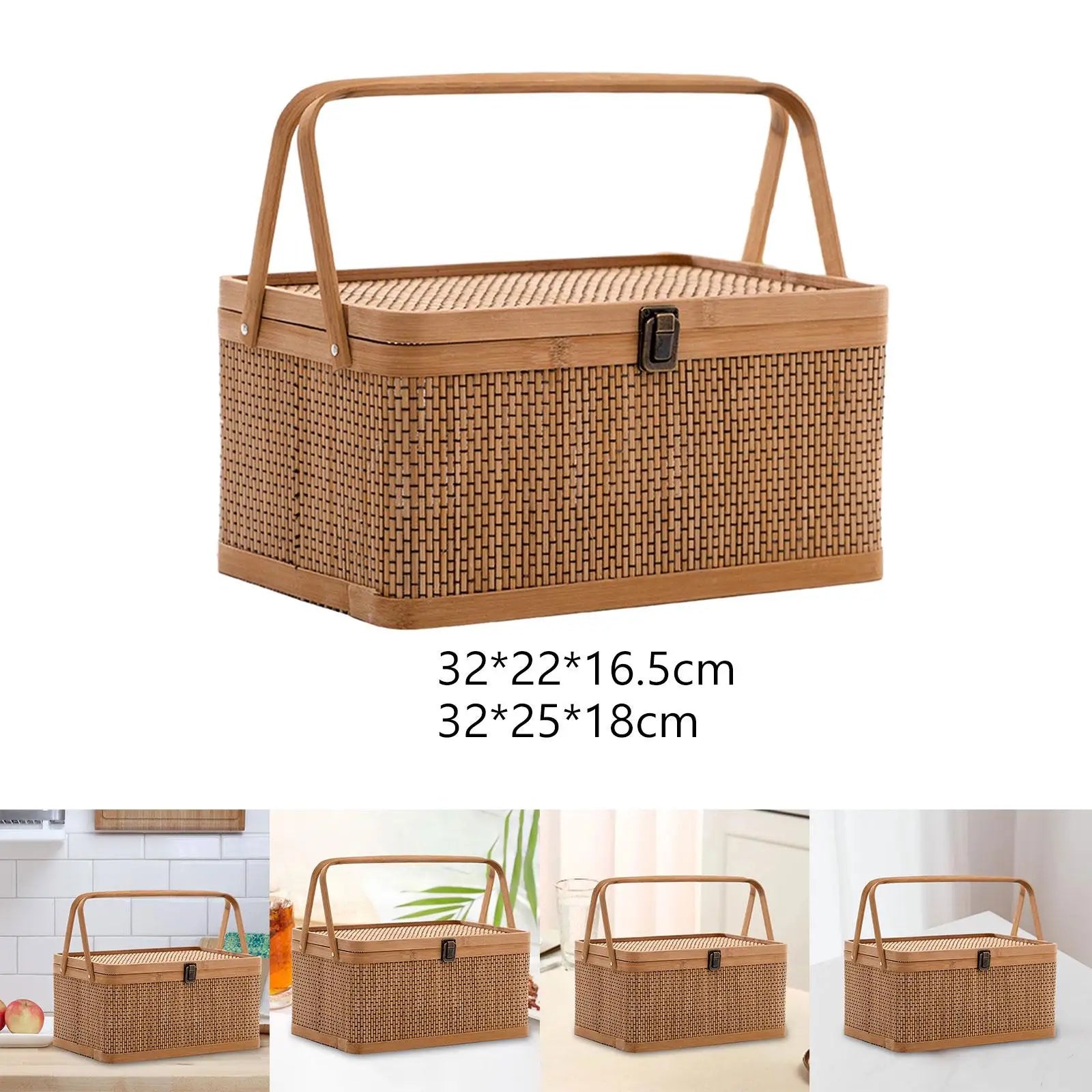 Handcrafted Bamboo Basket with Handle and Lid Durable Snack Fruit Storage for Picnic Camping and Home Use