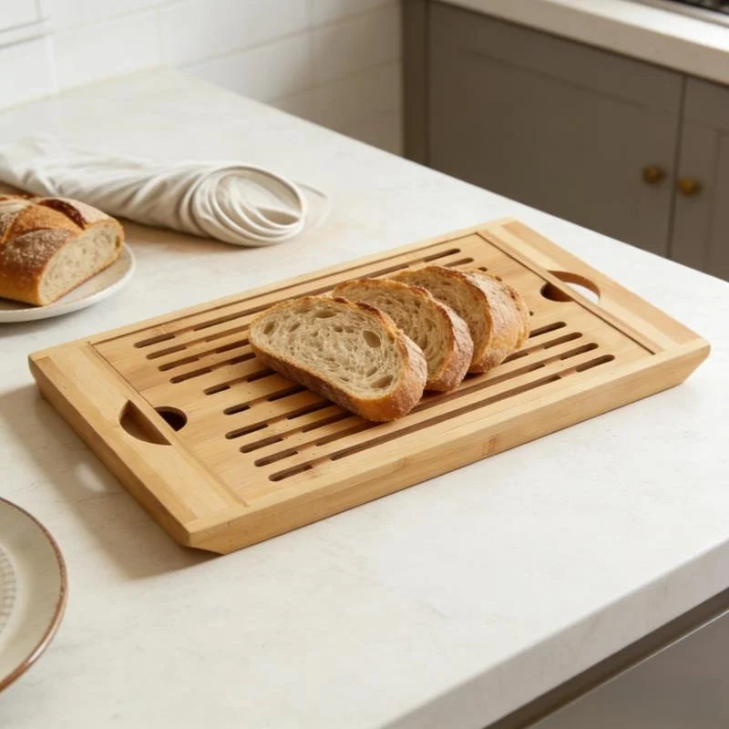 Bamboo Bread Cutting Board with Crumb Tray - Double Layer Wooden Bread Slicer with Handle, Kitchen Countertop Bread Storage Tray