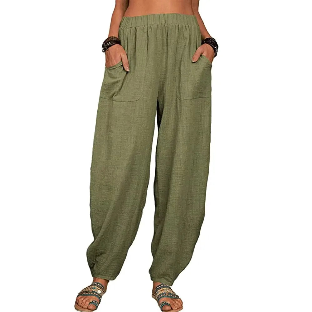 Women Cotton hemp Pants Summer Casual Vintage Pockets Thin Beach Trousers Female Elastic Waist Wide Leg Retro Loose Harem Pants