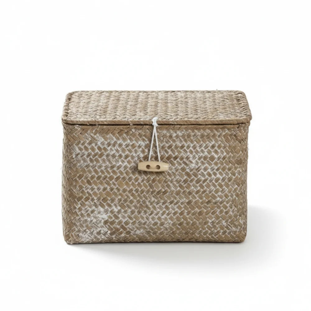 Eco-Friendly Sea Grass Wicker Shelf Baskets Weaving with Lid Storage Bins Handwoven Rectangular Storage Box Home Organizer