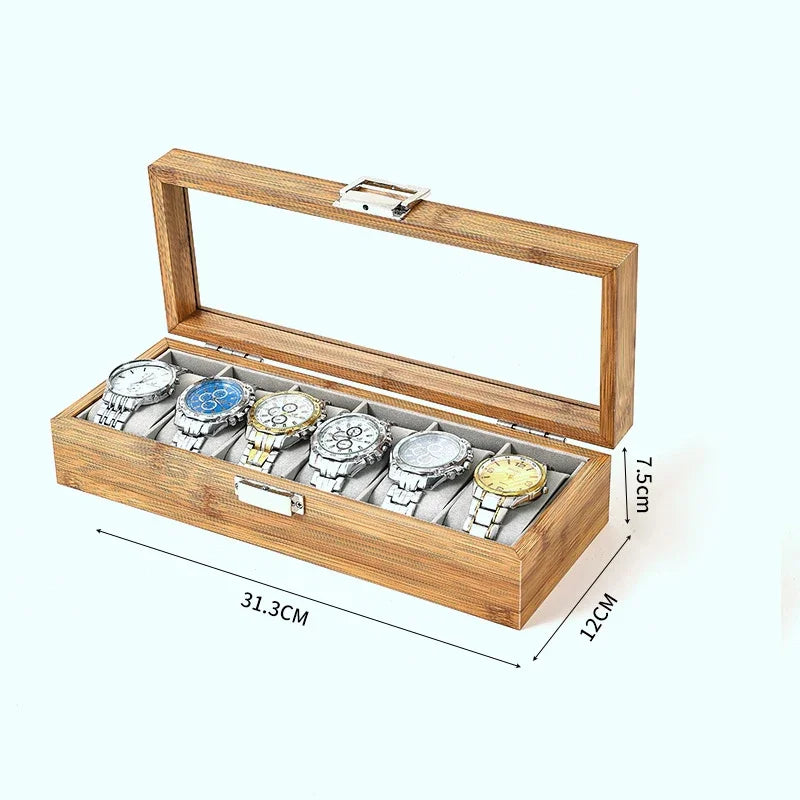 Bamboo Watch Storage Box Organizer - Handmade Festive Gift Display Case for 3/6/10/12 Watches Clock Grids
