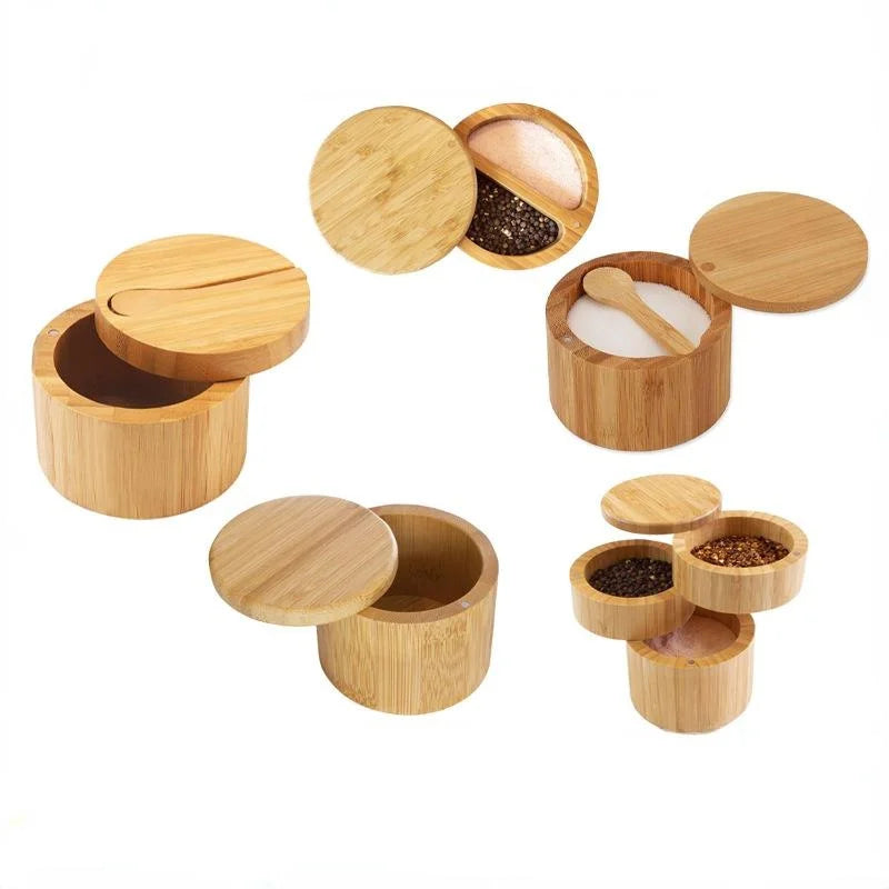 New Kitchen Convenience Tools Bamboo Salt Jar Kitchen Seasoning Bottle Circular Bamboo Seasoning Box Spice Rack Accessories
