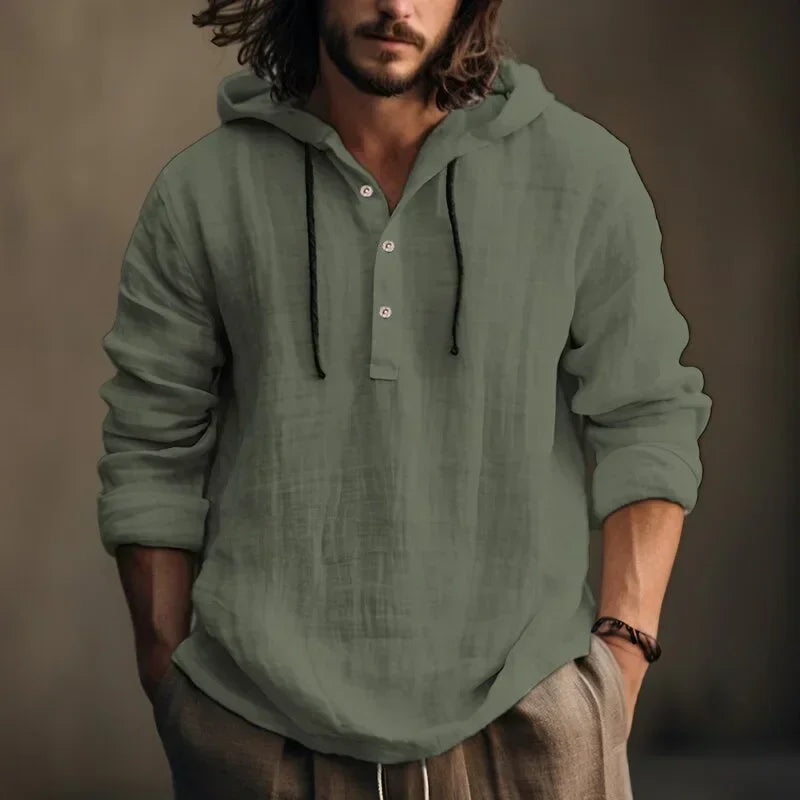 New2026 Men's Casual Cotton Linen Shirts Hoodies Comfortable Breathable Solid Pullovers Tops Soft Daily Wear Men's Clothing Tops