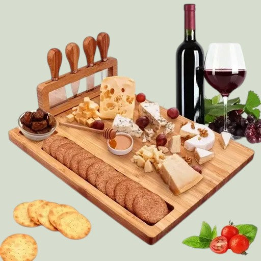 Bamboo Cheese Board Set with 4 Knives
